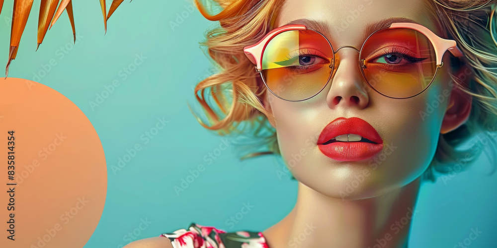 Retro style pastel colors summer background. Fashion woman wearing big sunglasses. Retro style pastel colors summer background. Fashion woman wearing big sunglasses.