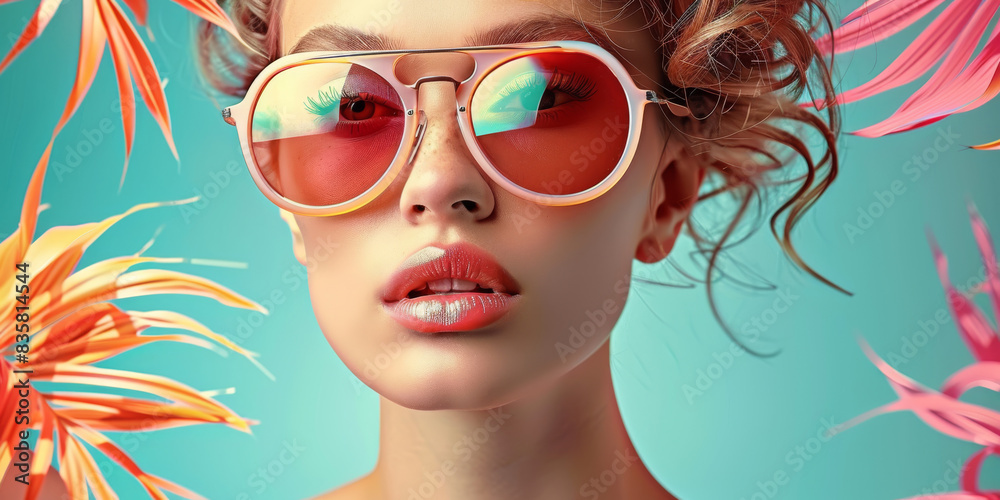 Retro style pastel colors summer background. Fashion woman wearing big sunglasses. Retro style pastel colors summer background. Fashion woman wearing big sunglasses.