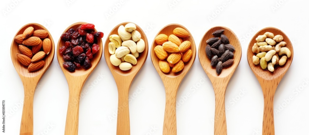Muesli piled high with a rustic wooden spoon in a copy space image. Muesli piled high with a rustic wooden spoon in a copy space image.