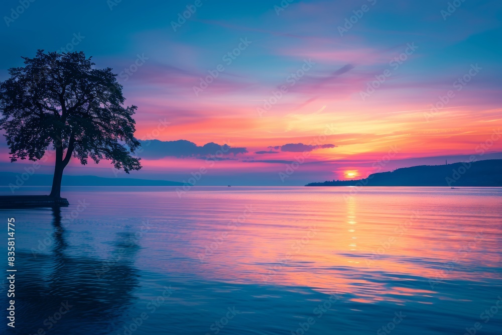 Beautiful sunset over a calm lake with vibrant colors reflecting on the water Beautiful sunset over a calm lake with vibrant colors reflecting on the water
