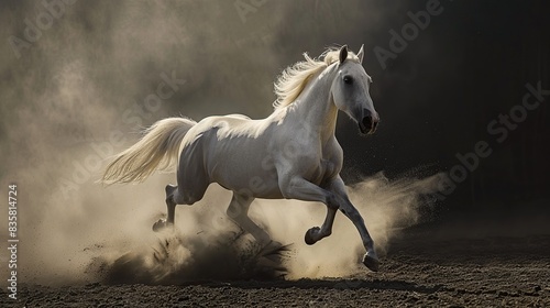 Grey stallion run in dark background in dust. Generative Ai