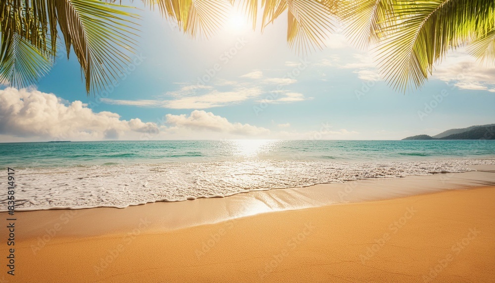 Serene Tropical Beach: Palm Leaf Frame and Sunny Sky with Copy Space
