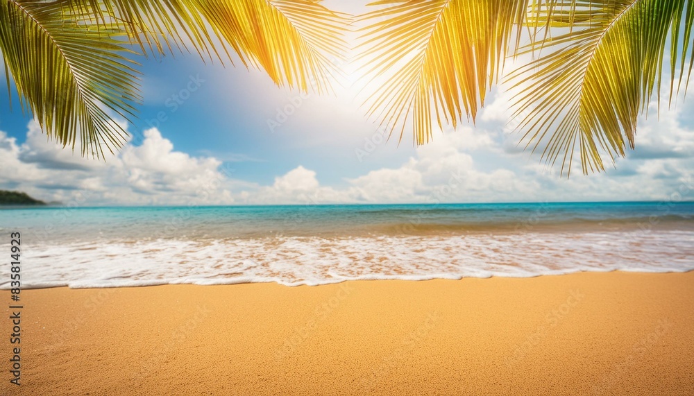 Sunny Beach Escape: Palm Leaves and Golden Sand with Copy Space Sunny Beach Escape: Palm Leaves and Golden Sand with Copy Space