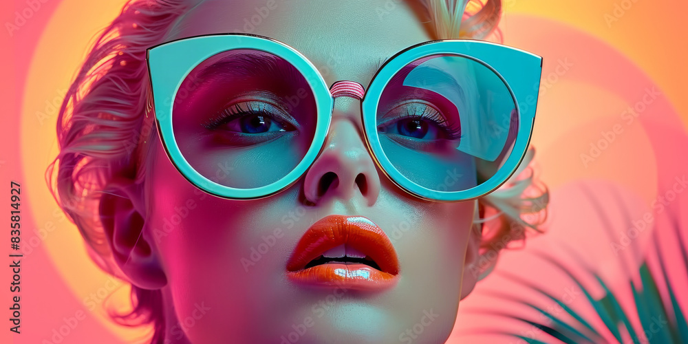 Retro style pastel colors summer background. Fashion woman wearing big sunglasses. Retro style pastel colors summer background. Fashion woman wearing big sunglasses.