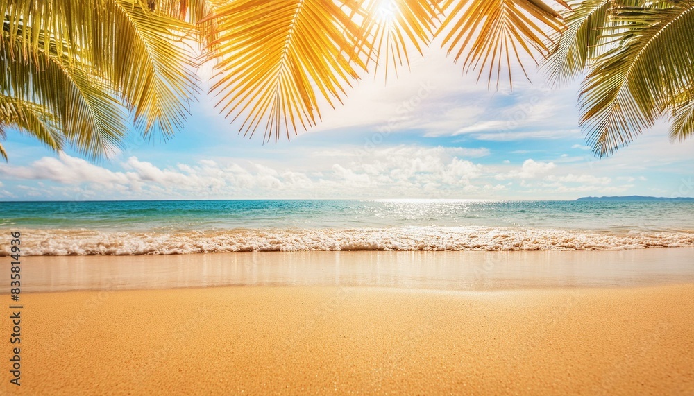 Golden Sands and Sun Rays: Perfect Beach Background with Palm Leaves Golden Sands and Sun Rays: Perfect Beach Background with Palm Leaves