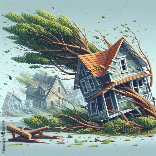 Hurricane wind: Trees bent to the ground by the force of the wind. Leaves and branches fly in the air. generative AI