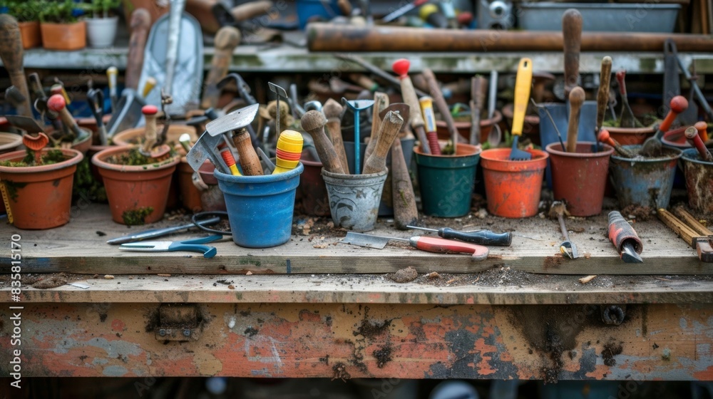 Small pots filled with tools like trowels and pruners line the edge of a cluttered workbench.
