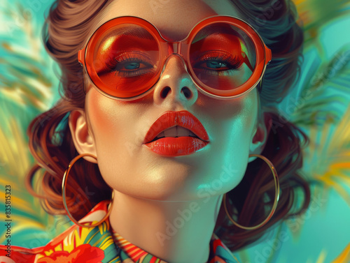 Retro style pastel colors summer background. Fashion woman wearing big sunglasses.