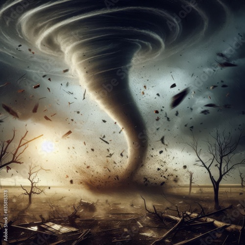Prairie Tornado: Funnel dust and debris swirling within normal range. Fragments of trees, branches and other objects are flying around. The sky is dark and ominous. generative AI