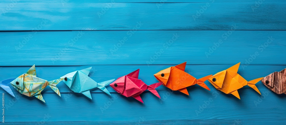 Learn to create an origami fish with paper sheets, scissors, and a brown wooden table in the background providing a copy space image opportunity. Learn to create an origami fish with paper sheets, scissors, and a brown wooden table in the background providing a copy space image opportunity.