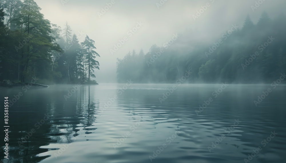 Fototapeta premium Misty morning at a serene lake, selective focus, quiet solitude, surreal, double exposure, foggy backdrop