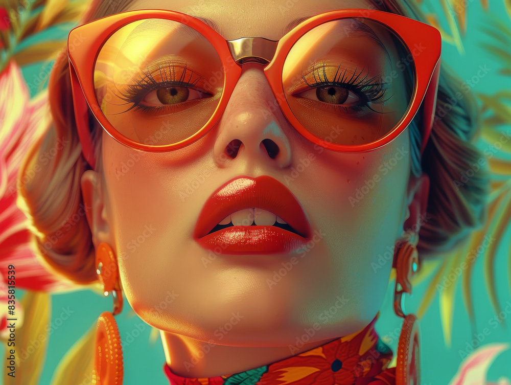 Fototapeta premium Retro style pastel colors summer background. Fashion woman wearing big sunglasses.
