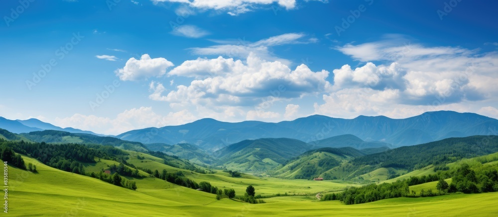 Scenic view featuring hills, trees, and a cloudy sky with copy space image. Scenic view featuring hills, trees, and a cloudy sky with copy space image.