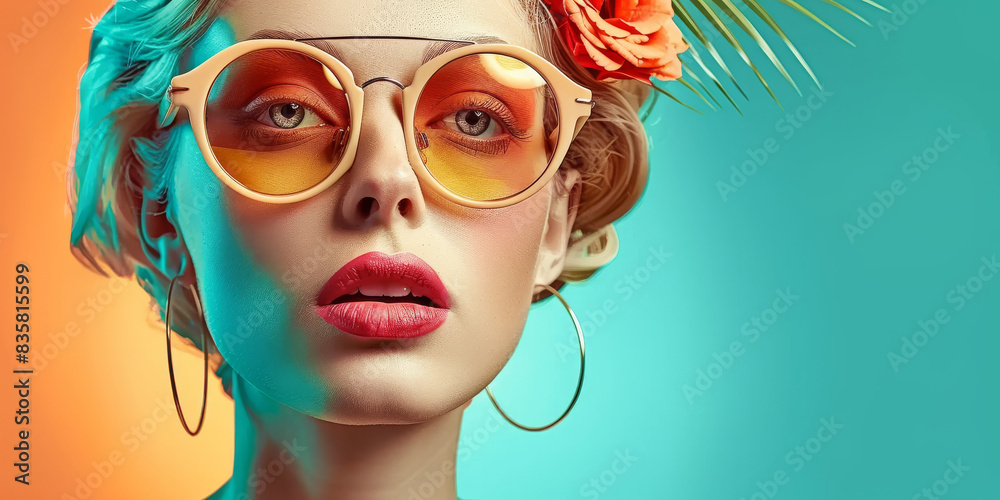 Obraz premium Retro style pastel colors summer background. Fashion woman wearing big sunglasses.