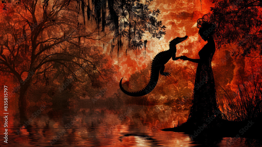 Obraz premium Bold woman showcases strength holding an alligator in elegant silhouette.