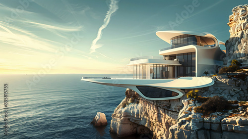 Obraz na płótnie Modern architecture in nature, house built in cliffs on rocky coast with ocean view, mansion, background w salonie
