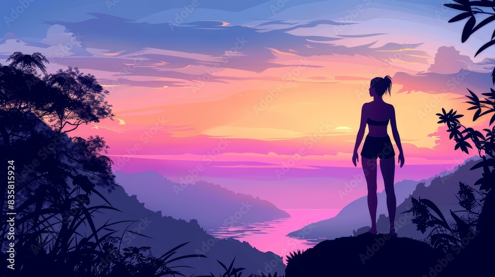 A powerful image of a confident woman standing on a cliff, feeling empowered while admiring a stunning valley view. A powerful image of a confident woman standing on a cliff, feeling empowered while admiring a stunning valley view.
