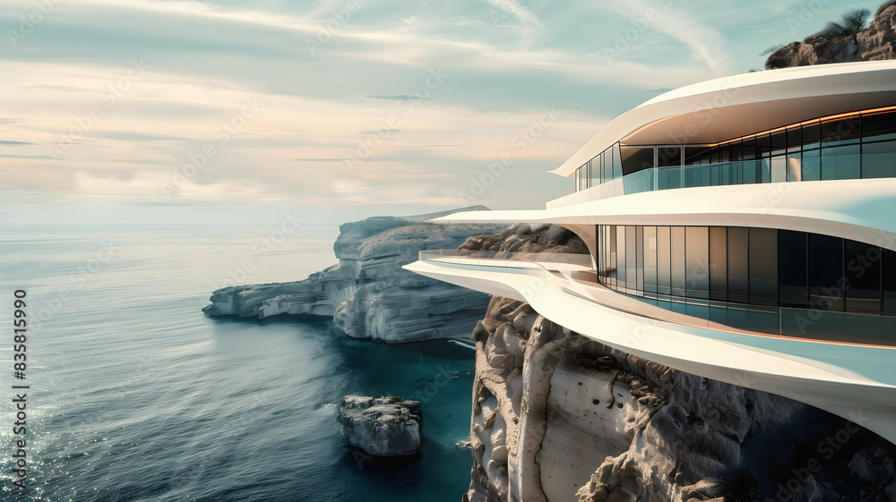 Modern architecture in nature, house built in cliffs on rocky coast with ocean view, mansion, background