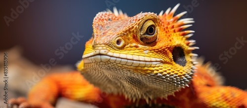 Experience a detailed view of the fascinating bearded dragon in a close-up copy space image.