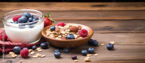 Jar of homemade granola displayed on a weathered wooden table with empty space for a picture. Copy space image. Place for adding text and design