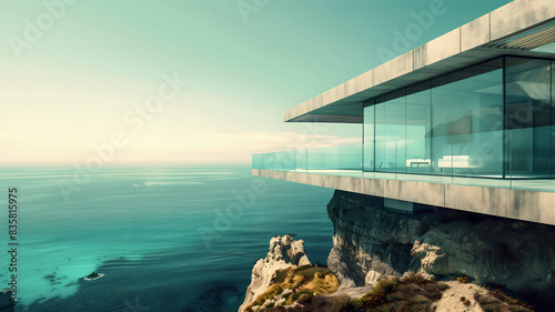 Obraz na płótnie Modern architecture in nature, house built in cliffs on rocky coast with ocean view, mansion, background w salonie