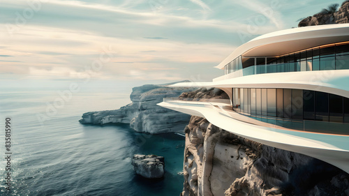 Obraz na płótnie Modern architecture in nature, house built in cliffs on rocky coast with ocean view, mansion, background w salonie