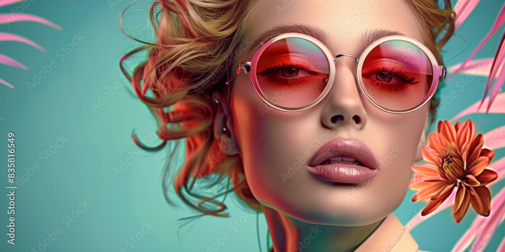 Retro style pastel colors summer background. Fashion woman wearing big sunglasses. Retro style pastel colors summer background. Fashion woman wearing big sunglasses.