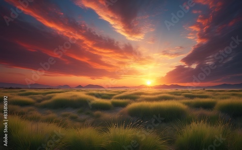 A beautiful landscape with a field of tall grass at sunset.
