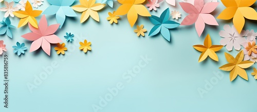 Handcrafted paper artwork features white and yellow star cutouts against a pink backdrop with copy space image.