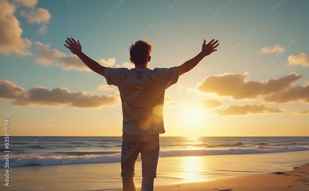 A man standing on a beach is watching the sunset. Self care, traveling, wellness and healthy life style concept A man standing on a beach is watching the sunset. Self care, traveling, wellness and healthy life style concept