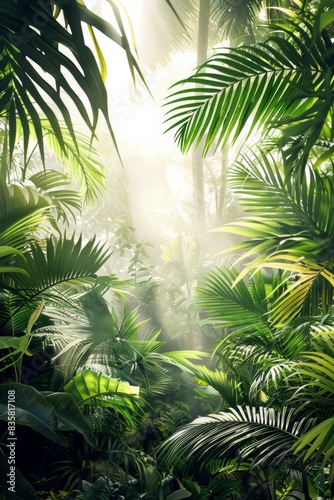 Tropical Rainforest with Sunlight Filtering Through Dense Vegetation
