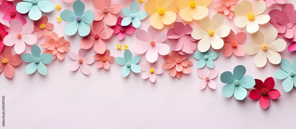 A handmade arrangement of paper flowers on a soft yellow backdrop, perfect for Mother's Day, with a blank space for text or images. Copy space image. Place for adding text and design