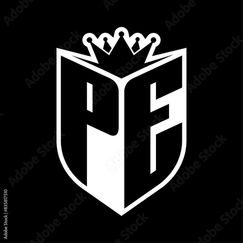 PE Letter bold monogram with shield shape and crown inside shield black and white color design