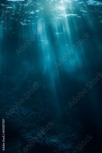 Underwater scene with sunlight filtering through the water, creating an ethereal and tranquil atmosphere