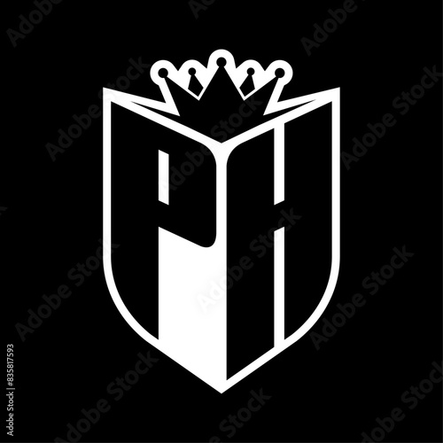 PH Letter bold monogram with shield shape and crown inside shield black and white color design