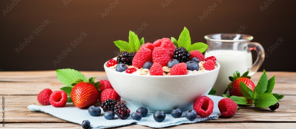 Black bowl holding breakfast cereals, berries, and mint on a gray tablecloth with copy space image. Black bowl holding breakfast cereals, berries, and mint on a gray tablecloth with copy space image.