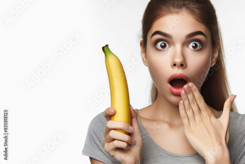 surprised woman look on a banana Sexual issues concept photo