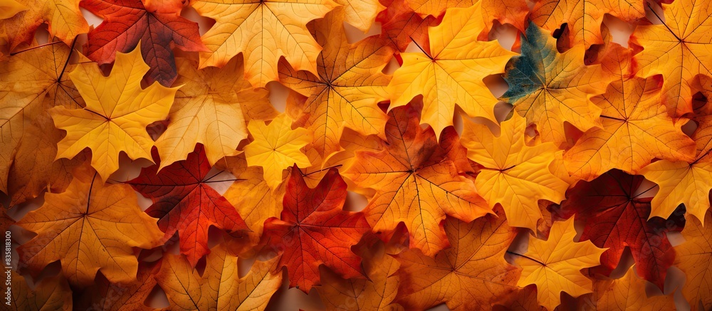 Flat lay of orange maple leaves on a red backdrop with a copy space image. Flat lay of orange maple leaves on a red backdrop with a copy space image.