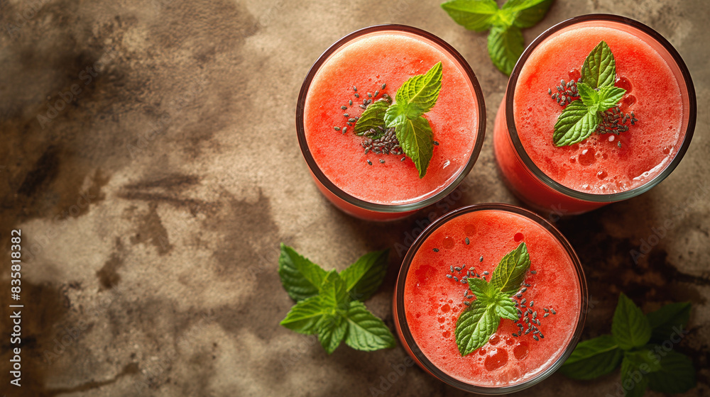 Watermelon smoothies in glass on light table with shadow sunlights. Top view with copy space. Watermelon smoothies in glass on light table with shadow sunlights. Top view with copy space.
