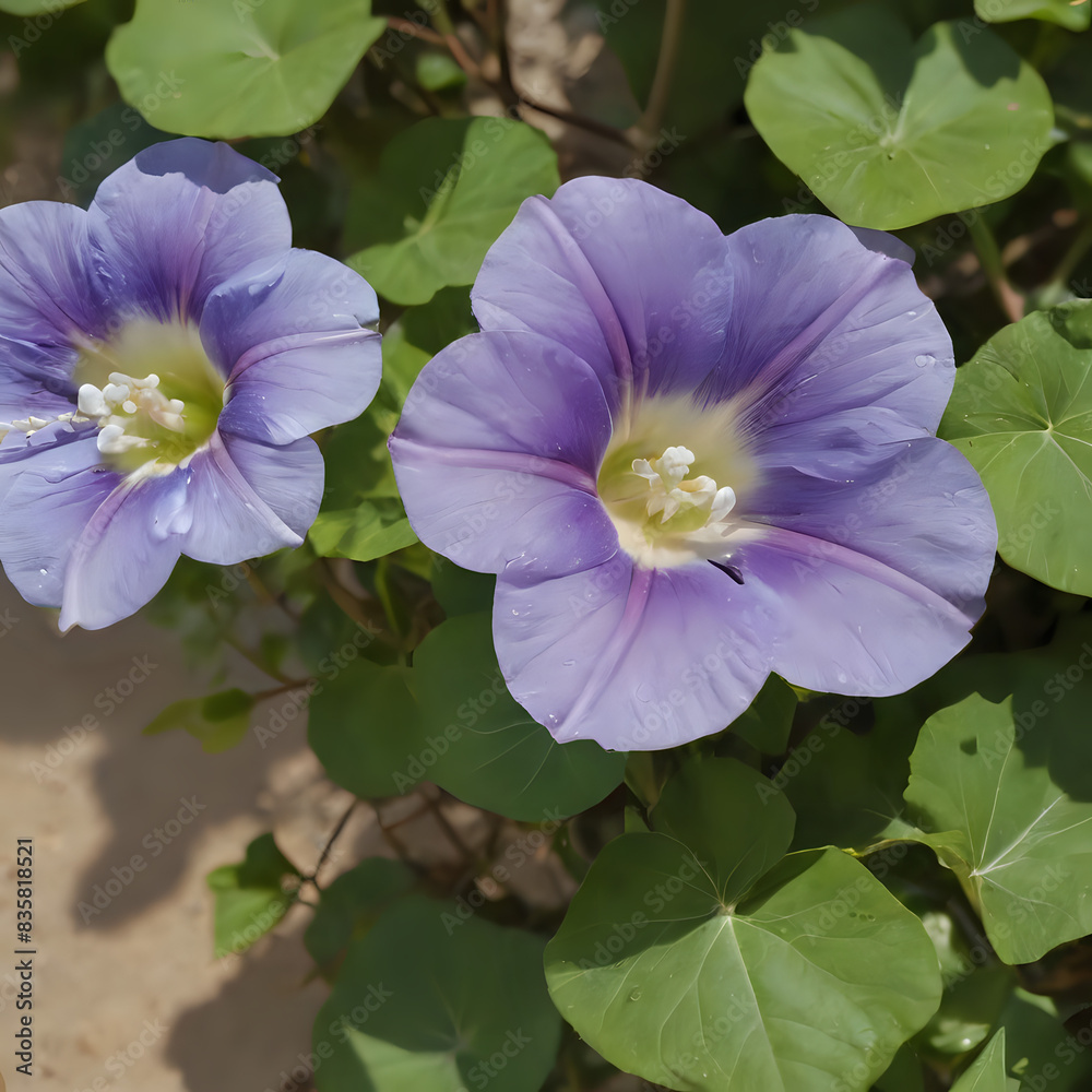 purple flowers with green leaves in a garden with sand purple flowers with green leaves in a garden with sand