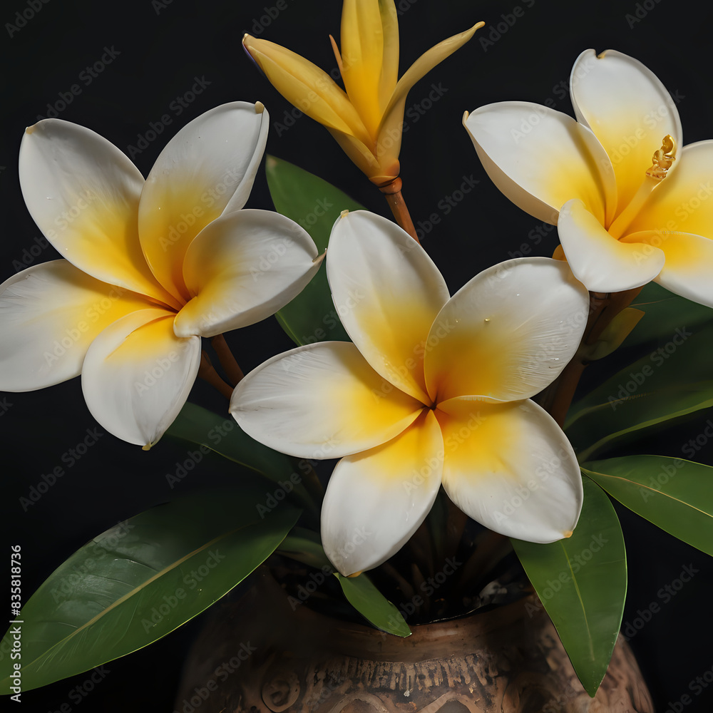 a three white and yellow flowers in a vase a three white and yellow flowers in a vase