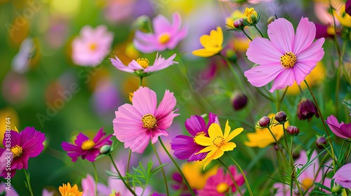 Beautiful spring summer bright natural background with colorful cosmos flowers close up 
