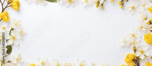 Flat lay top view of a spring-themed flowers composition with yellow blooms on a white background  conveying a vibrant spring concept with copy space image.