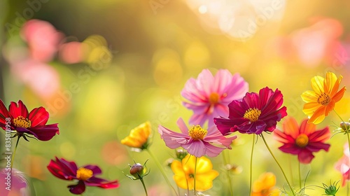Beautiful spring summer bright natural background with colorful cosmos flowers close up   © Sem