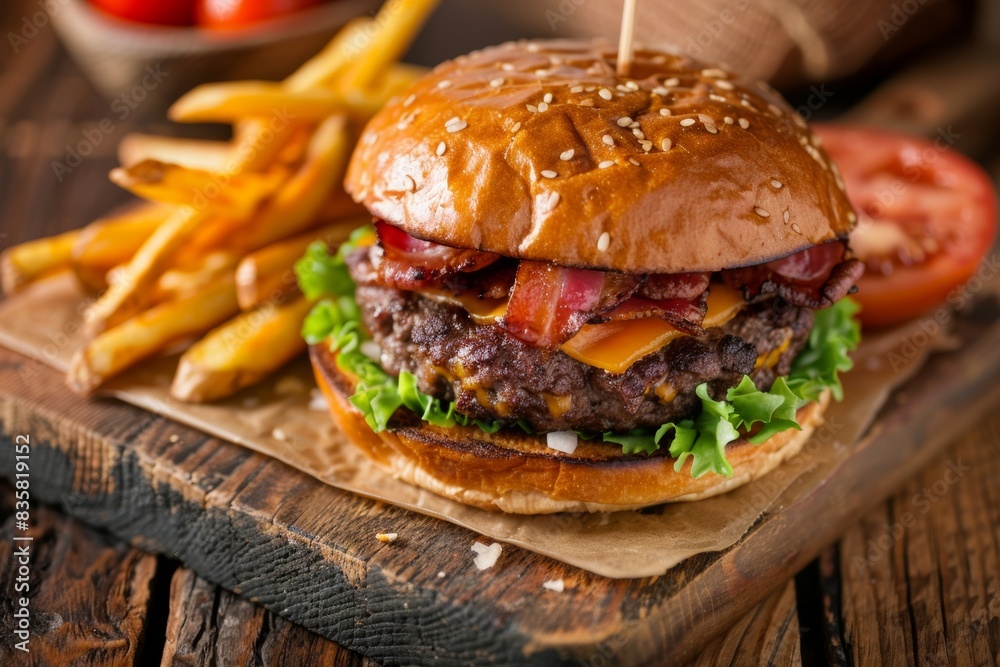 Delicious Cheeseburger with Bacon and Fries on Wooden Table