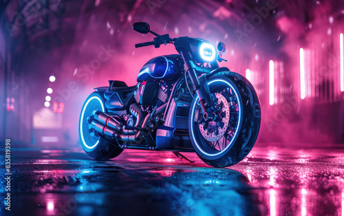 Motorcycle in the night with purple lighting. Created with Ai © Graphics