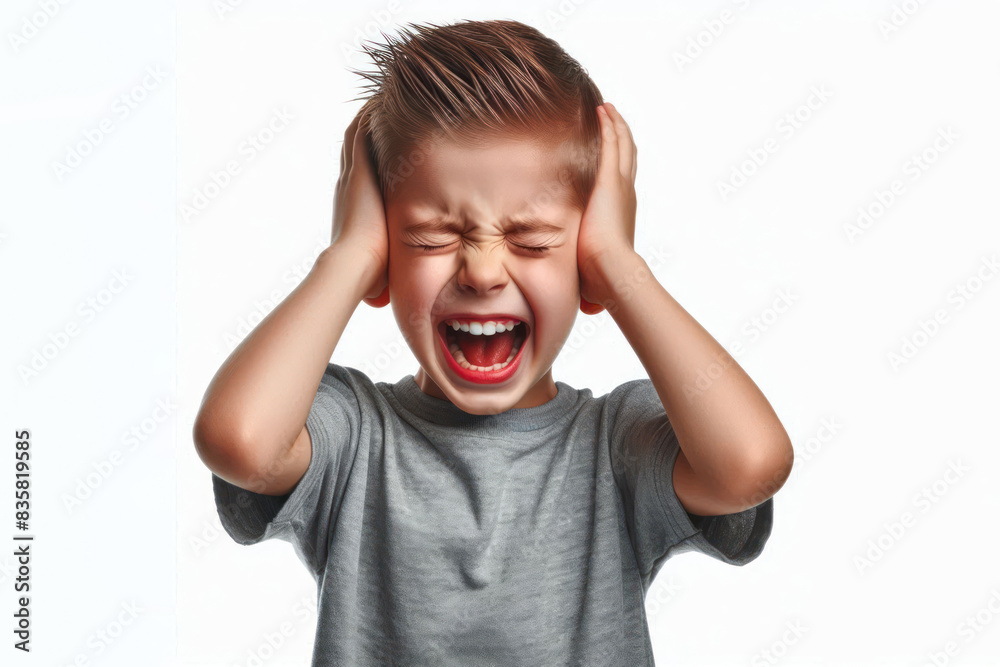 kid with eyes closed, screaming while covering his ears Isolated on white background kid with eyes closed, screaming while covering his ears Isolated on white background