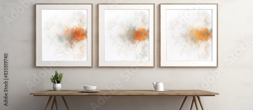 Room with a vintage decor features three photo frames hanging on a white brick wall against a wooden floor backdrop, creating a cozy atmosphere with copy space image.