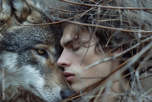 a young man is hugging a wolf
