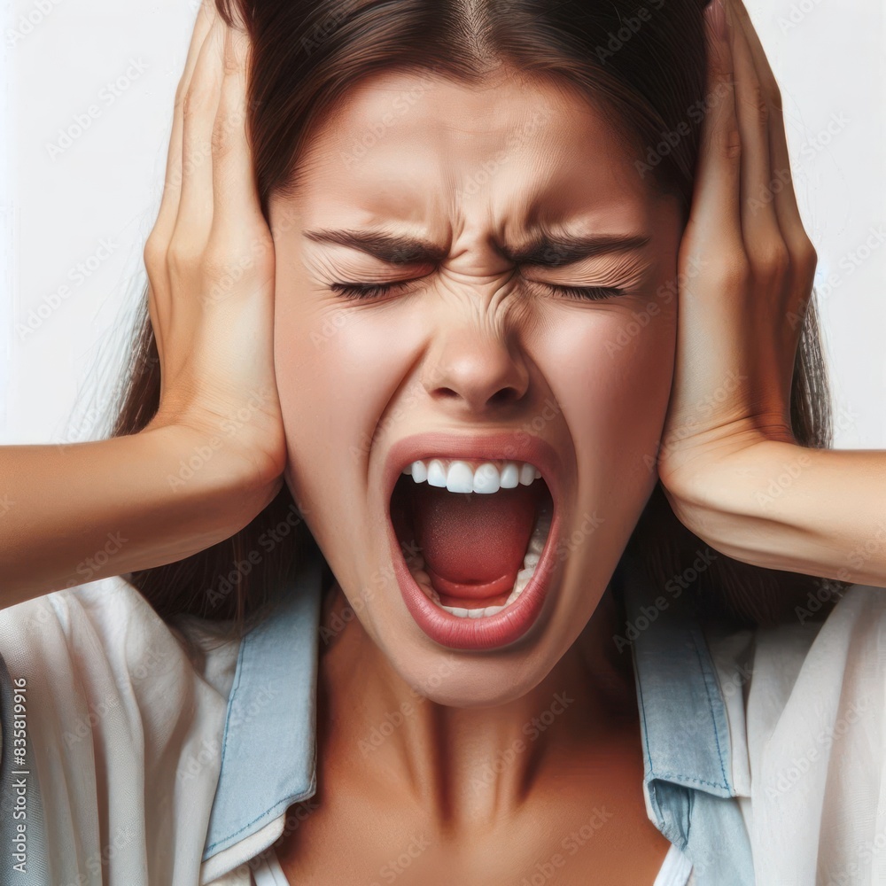 woman with eyes closed, screaming while covering his ears, stressed people